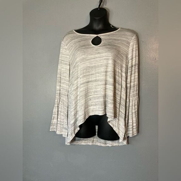 Ana gray high low bell sleeve keyhole front blouse - Picture 1 of 6